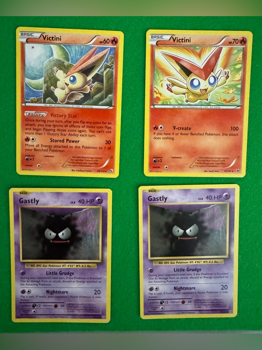 Pokémon Victini & Gastly Card Lot of 4 – Legendary Treasures, Noble Victories